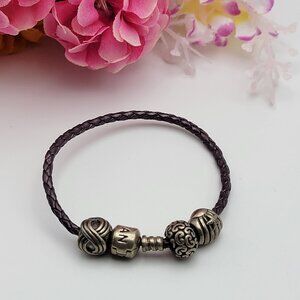 Pandora Brown Woven Leather Bracelet 6" With 3 Sterling Silver Charms All Marked
